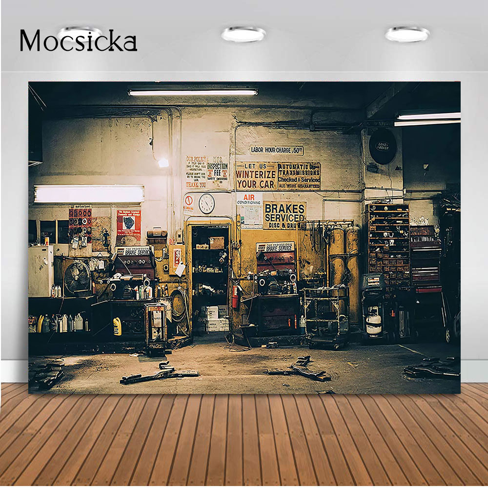 Workshop Tools Photos - ฉากหลังถ่ายภาพซ่อมรถย้อนยุค รถเข็นเครื่องมือในอู่ซ่อม ภาพถ่ายบุคคล ฉากถ่ายภาพสำหรับเด็ก งานฉลองเค้ก ฉากถ่ายภาพในโรงรถ