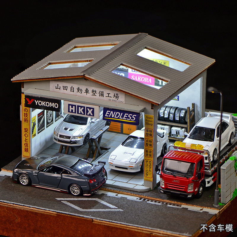 Tools For Garage - ชุดประกอบฉากจำลองอู่ซ่อมรถยนต์ขนาด 1:64 พร้อมไฟ LED, โรงรถขนาดจิ๋วสำหรับจัดแสดงรถโมเดล