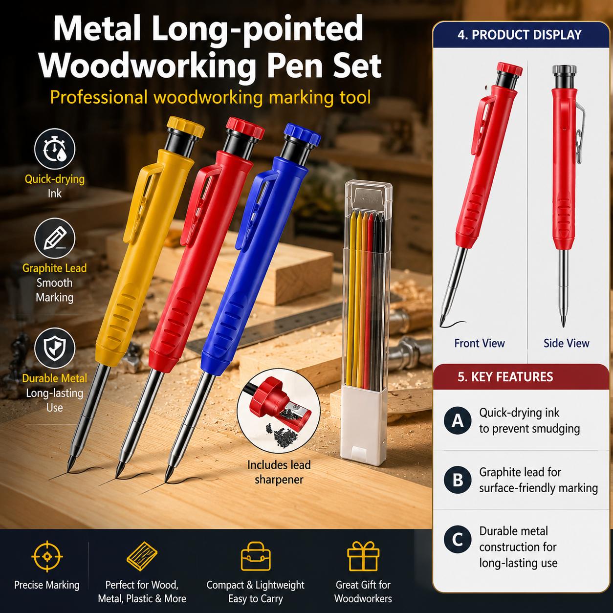 Workshop Marking Tools - ชุดดินสอกดปลายโลหะยาวสำหรับงานไม้ เครื่องมือทำเครื่องหมายรูลึก พร้อมไส้กราไฟต์ แห้งเร็ว ความแม่นยำสูง สำหรับงานก่อสร้าง
