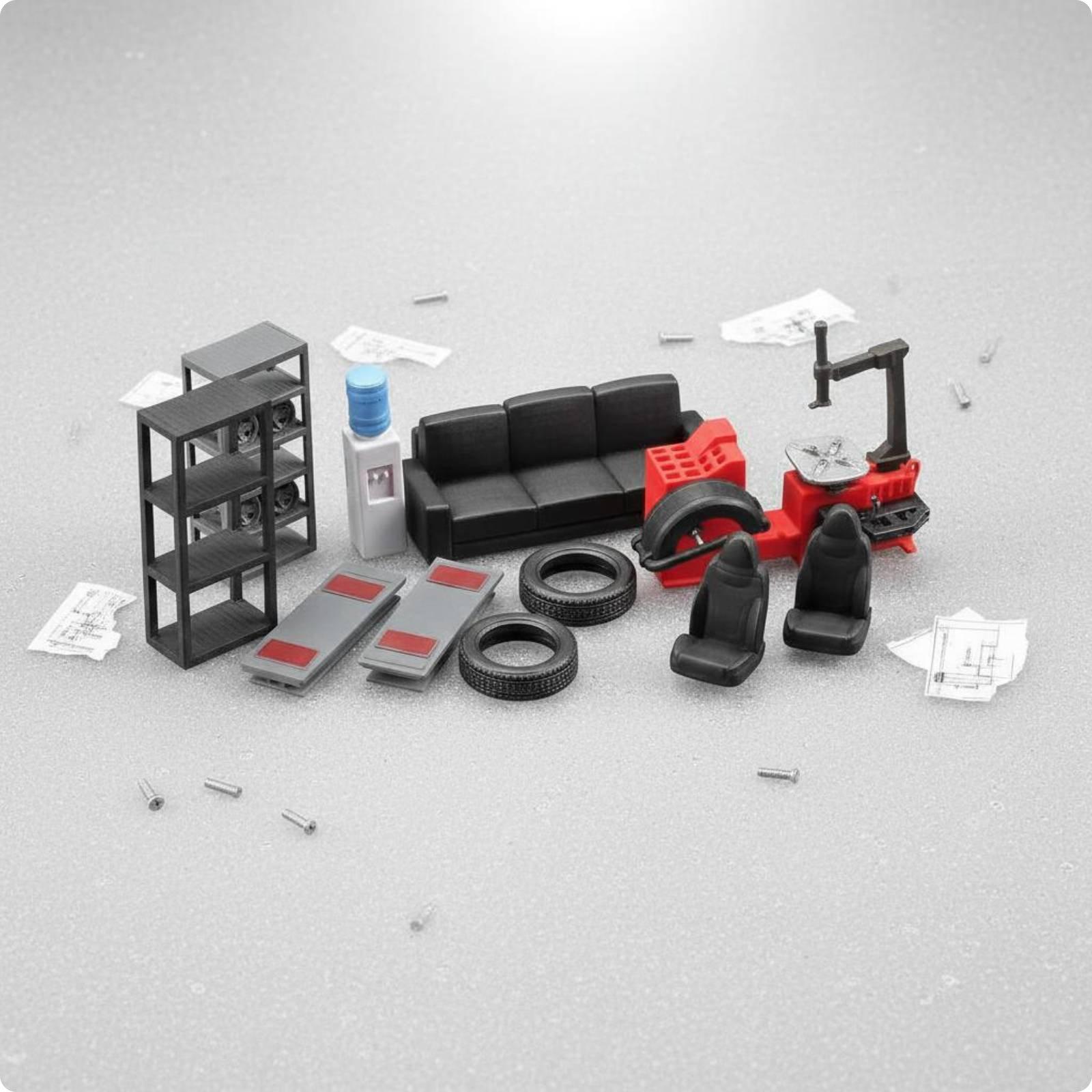 Workshop Tools Photos - ชุดเครื่องมือซ่อมรถขนาดเล็ก 1/64 อุปกรณ์ตกแต่งเฟอร์นิเจอร์เรซินสำหรับฉากถ่ายภาพโมเดลรถยนต์