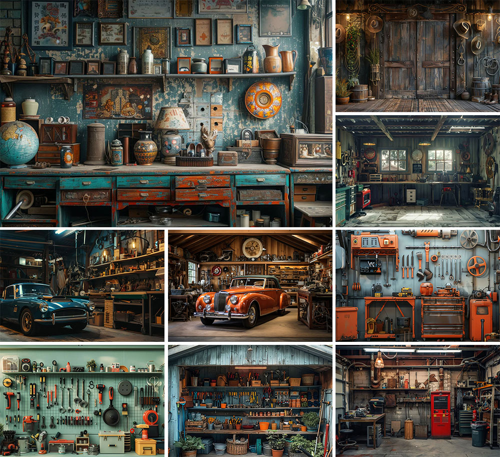 Workshop Tools Photos - Mehofondการถ่ายภาพพื้นหลังVINTAGEโรงรถรถซ่อมเครื่องมือWorkshopวันเกิดParty Portrait DecorฉากหลังPhoto Studio